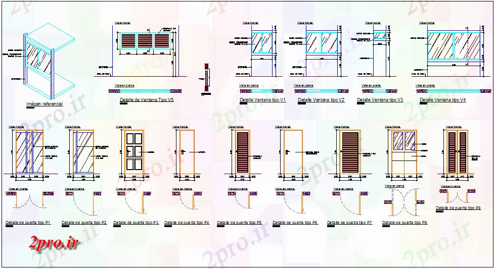 دانلود نقشه جزئیات طراحی در و پنجره  اندازه های مختلف و نظر طراحی در و پنجره طراحی (کد61826)