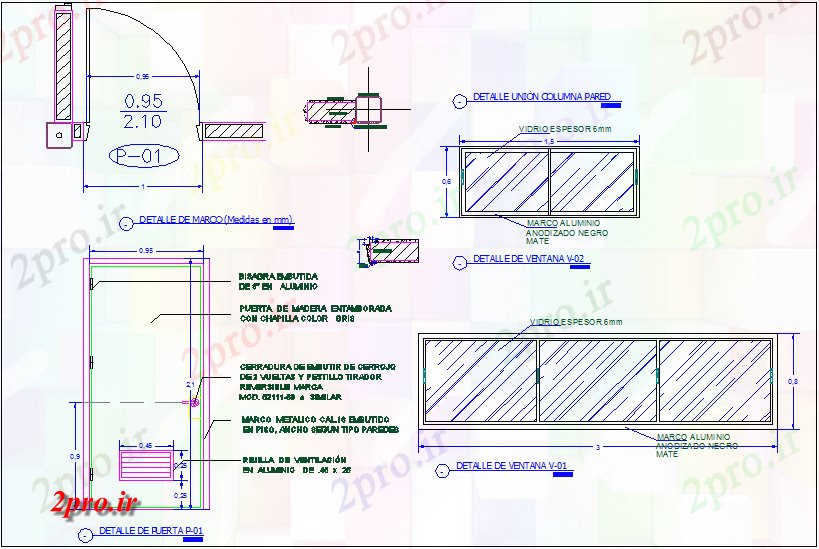 دانلود نقشه جزئیات طراحی در و پنجره  پنجره طراحی با  جزئیات و ابعاد (کد61832)