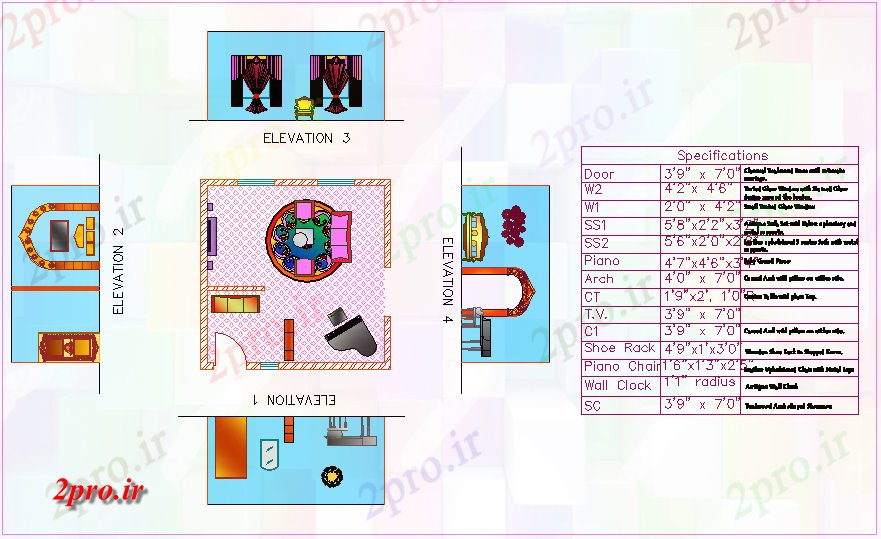 دانلود نقشه جزئیات داخلی طراحی داخلی اتاق با جدول مشخصات (کد61841)