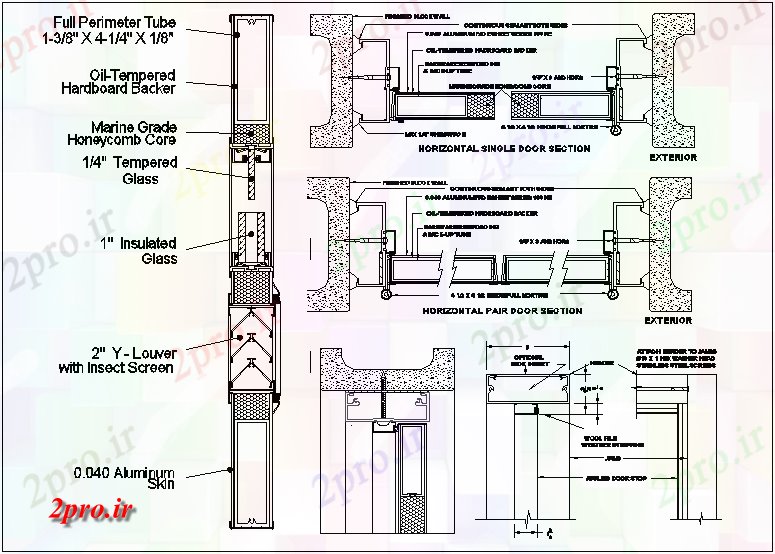 دانلود نقشه جزئیات طراحی در و پنجره  طراحی درب آلومینیوم خیط و پیت کردن با دیوار بلوک در مقطعی (کد61852)