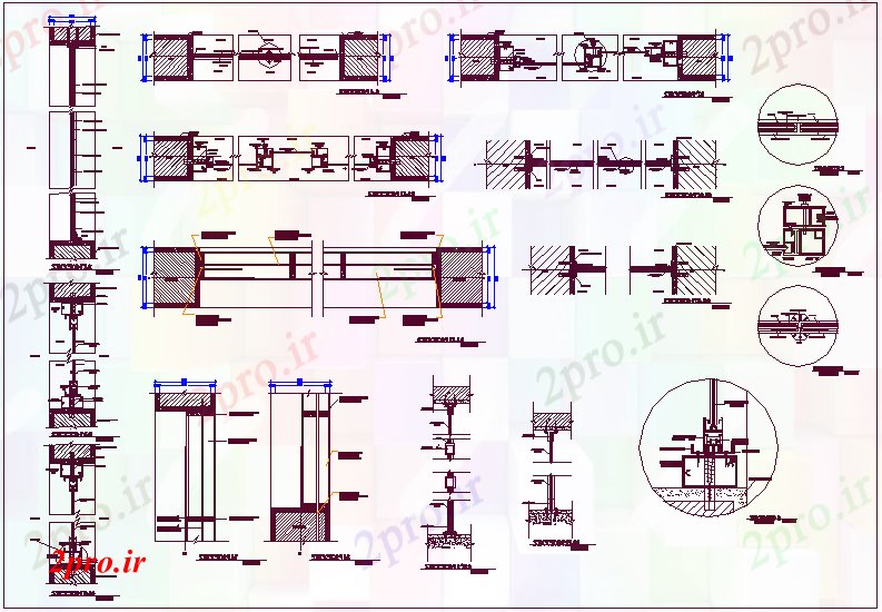 دانلود نقشه جزئیات طراحی در و پنجره  بانک درب و پنجره مرکز نظر طراحی با نمای مقطعی (کد61869)