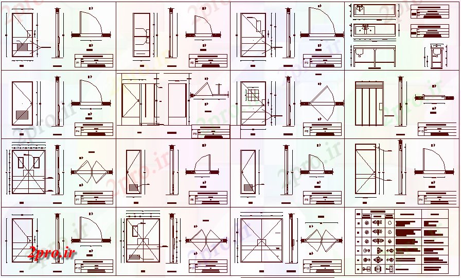 دانلود نقشه جزئیات طراحی در و پنجره  بیمارستان طراحی درب انواع مختلف با جدول   (کد61877)