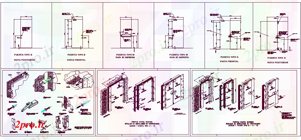 دانلود نقشه جزئیات طراحی در و پنجره  طراحی درب با برابر آتش سوزی و جزئیات ایزومتریک  (کد61880)
