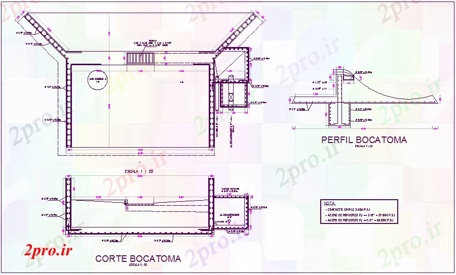 دانلود نقشه جزئیات ساخت و ساز جزئیات ساخت و ساز ورودی آب از bocatoma گیاهی (کد61923)