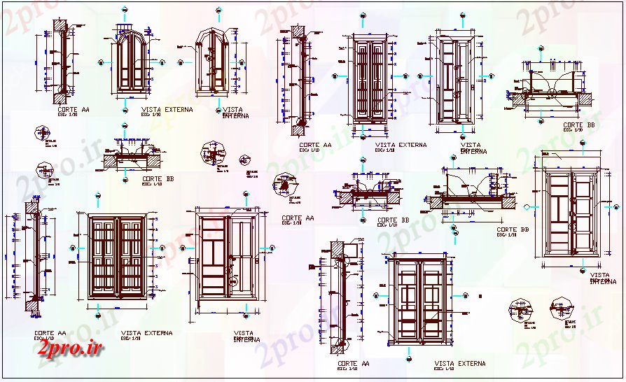 دانلود نقشه جزئیات طراحی در و پنجره  باز چوب جزئیات از درب برای تک درب و دو، ، قسمت های  (کد61946)