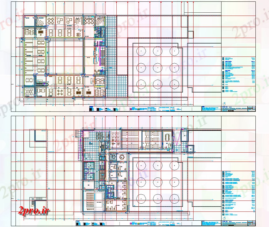 دانلود نقشه شرکت ، دفتر کار ، سازمان ، ادارهاداری و رستوران طراحی با جزئیات 44 در 45 متر (کد61958)