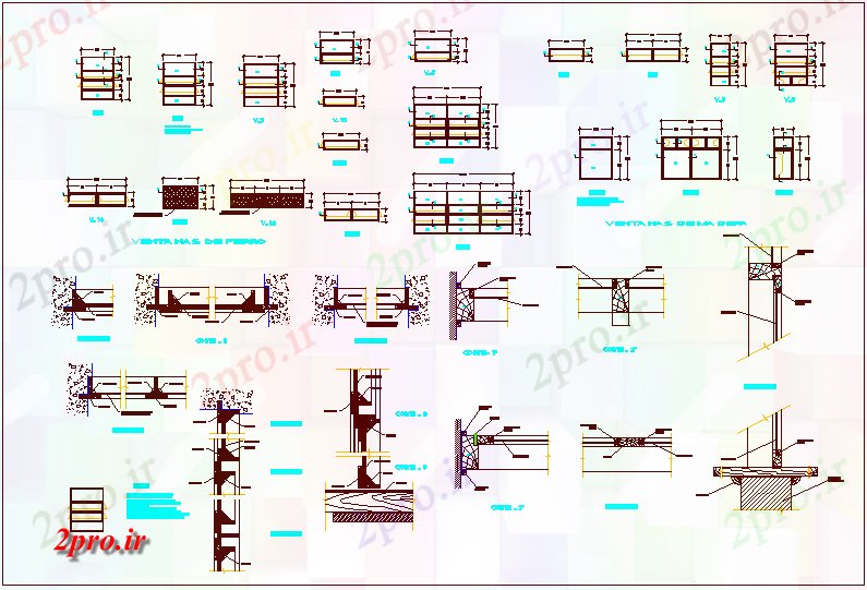 دانلود نقشه جزئیات طراحی در و پنجره  طراحی پنجره از مدل های مختلف با جزئیات و  مقطعی (کد61972)