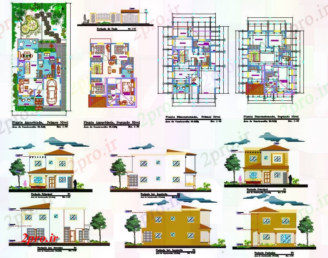 دانلود نقشه مسکونی ، ویلایی ، آپارتمان خانه های مسکونی 8 در 12 متر (کد61998)