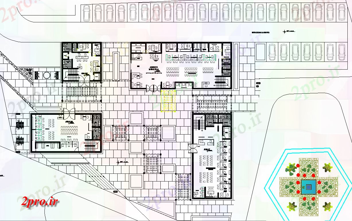 دانلود نقشه ساختمان دولتی ، سازمانی دولت چیدمان شهری طرحی 40 در 53 متر (کد62130)