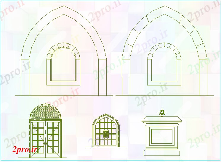 دانلود نقشه جزئیات طراحی در و پنجره  دیدگاه های مختلف از درب اسلامی   (کد62188)