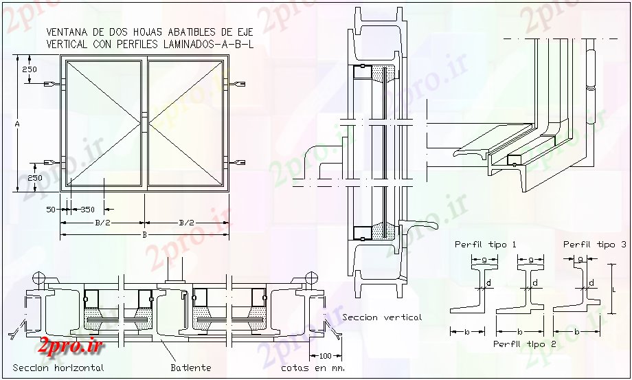 دانلود نقشه جزئیات طراحی در و پنجره  پنجره دو تیغه ورق محور با مقطعی و  مشخصات (کد62215)