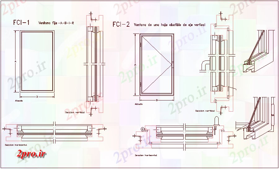 دانلود نقشه جزئیات طراحی در و پنجره  نظر طراحی پنجره با نمای مقطعی (کد62226)