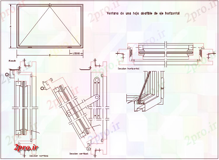 دانلود نقشه جزئیات طراحی در و پنجره  محور افقی پنجره تاشو برگ با نمای مقطعی (کد62228)