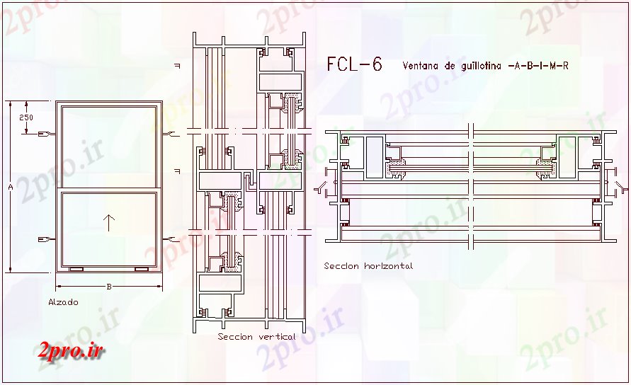 دانلود نقشه جزئیات طراحی در و پنجره  ارسی پنجره طراحی با نمای مقطعی افقی و عمودی (کد62231)