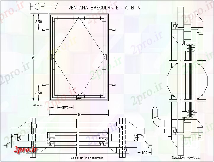 دانلود نقشه جزئیات طراحی در و پنجره  کج  پنجره با دید افقی و مقطعی (کد62241)