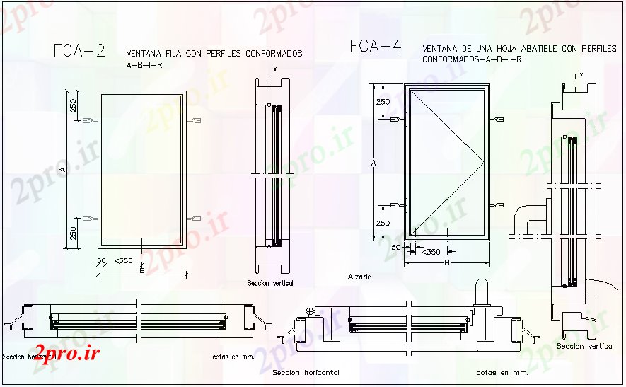دانلود نقشه جزئیات طراحی در و پنجره   پنجره ثابت با  مقطعی با قاب پنجره    (کد62247)