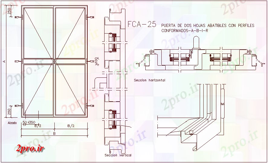 دانلود نقشه جزئیات طراحی در و پنجره  دو fordable درب مشخصات ورق با نمای مقطعی (کد62256)