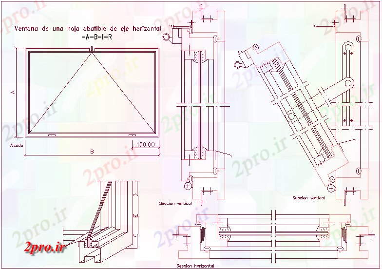 دانلود نقشه جزئیات طراحی در و پنجره  نظر طراحی پنجره با محور افقی تاشو برگ (کد62263)