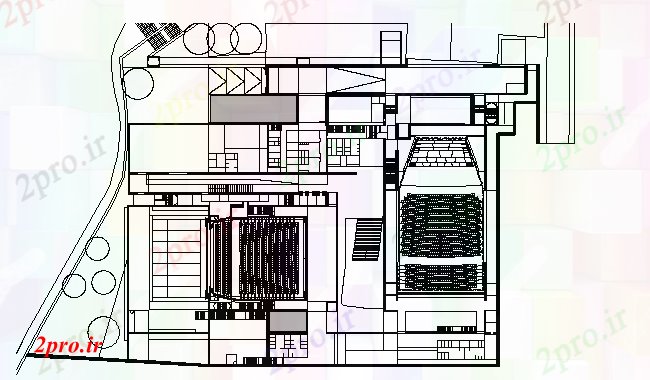 دانلود نقشه تئاتر چند منظوره - سینما - سالن کنفرانس - سالن همایشطراحی معماری از چندگانه تئاتر 67 در 86 متر (کد62306)