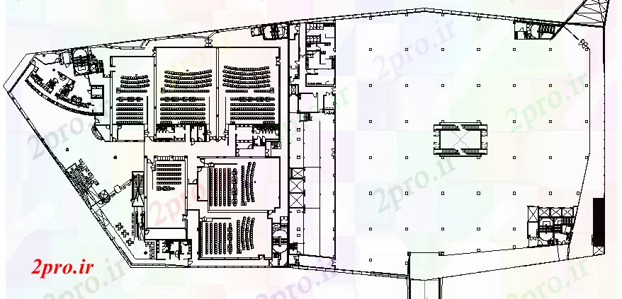 دانلود نقشه تئاتر چند منظوره - سینما - سالن کنفرانس - سالن همایشطراحی سالن سالن 58 در 145 متر (کد62343)