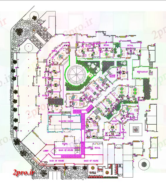 دانلود نقشه هتل - رستوران - اقامتگاه چیدمانplan از هتل با طرحی طبقه داخلی و نماات 65 در 72 متر (کد62461)