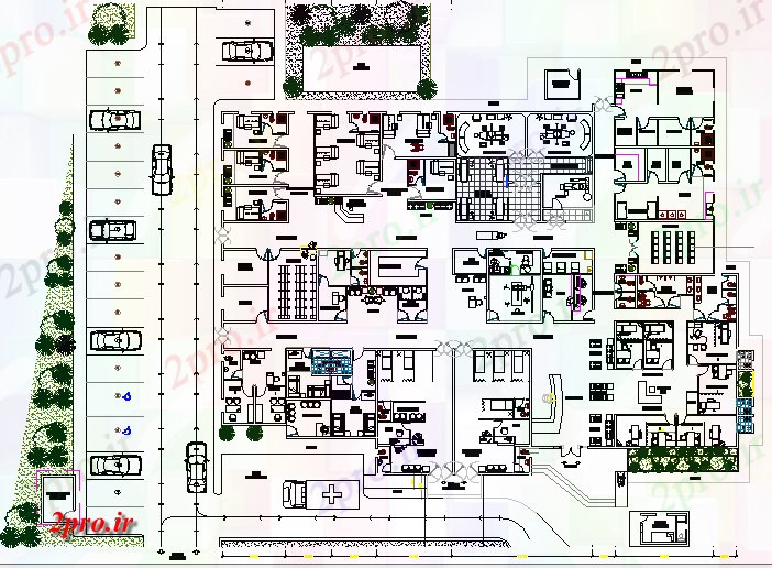 دانلود نقشه بیمارستان - درمانگاه - کلینیک طرحی مرکز پزشکی روستایی با جزئیات مبلمان 42 در 55 متر (کد62498)