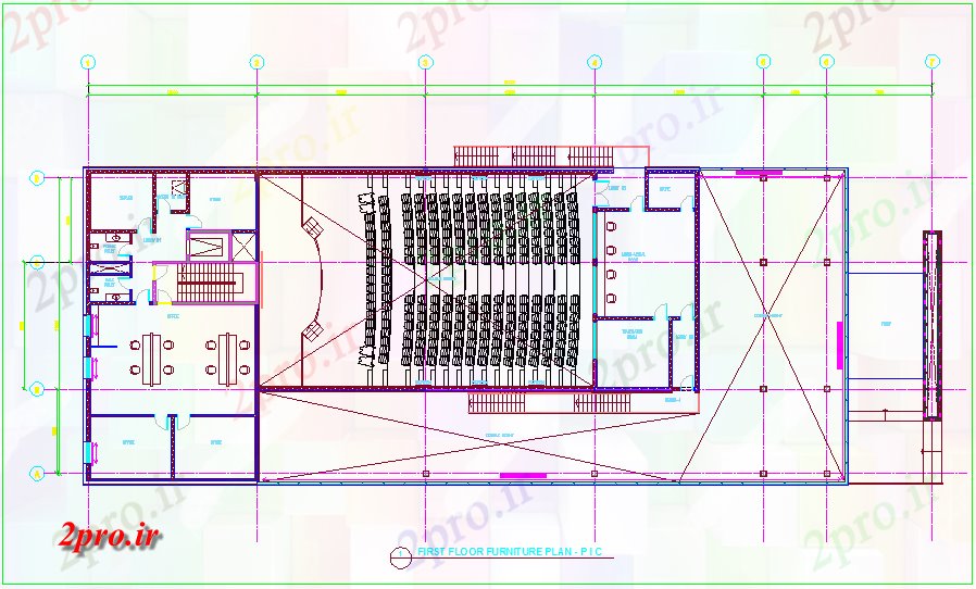دانلود نقشه جزئیات داخلی طرحی مبلمان از طبقه اول سالن (کد62525)