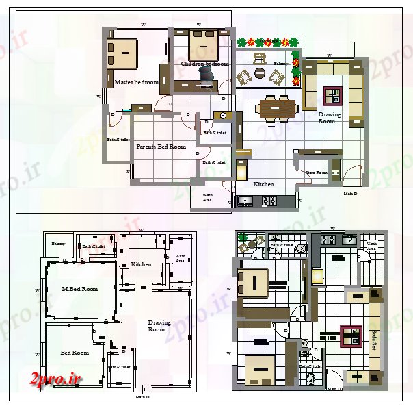 دانلود نقشه خانه مسکونی ، ویلاطرحی داخلی یک 2 BHK خانه 8 در 8 متر (کد62552)