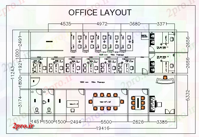 دانلود نقشه شرکت ، دفتر کار ، سازمان ، ادارهطراحی از یک دفتر شرکت 11 در 19 متر (کد62557)
