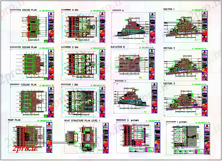 دانلود نقشه ساختمان مرتفعساختمان طرحی با نما، بخش و الگوی طرح 15 در 27 متر (کد62591)
