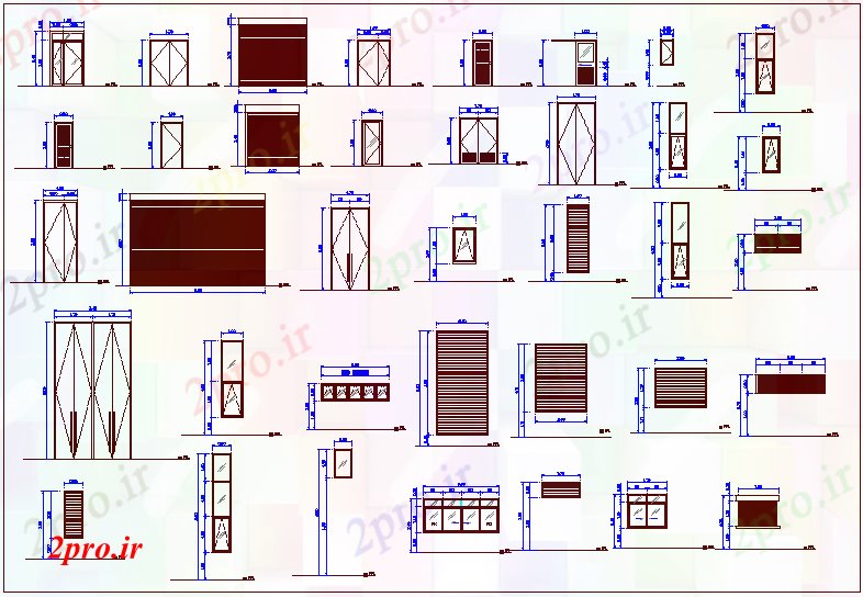 دانلود نقشه جزئیات طراحی در و پنجره  شکل های مختلف و درب اندازه و  پنجره برای کنفرانس ساخت (کد62698)