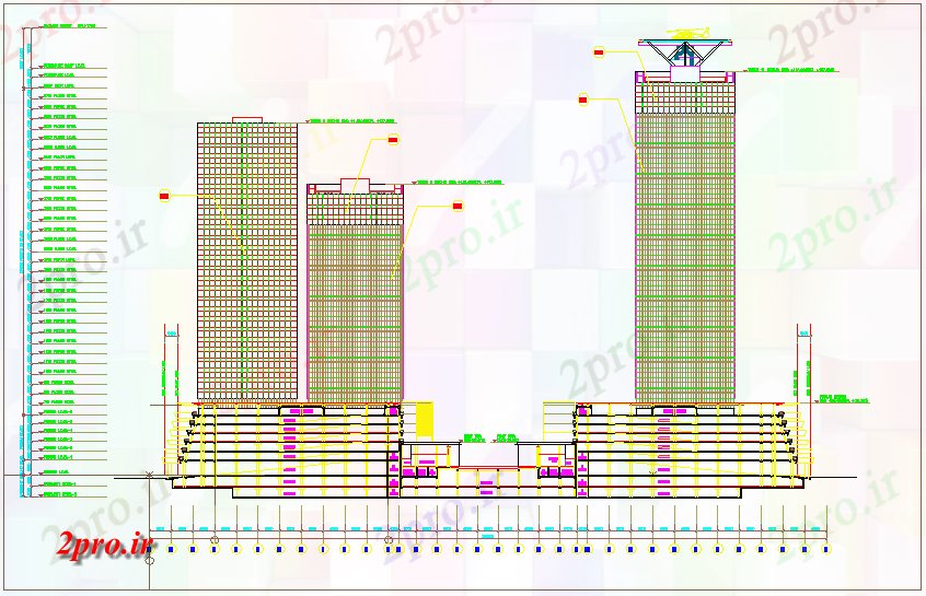 دانلود نقشه ساختمان اداری - تجاری - صنعتی  نما مقطعی از ساختمان شرکت های بزرگ با نمای کف (کد62708)
