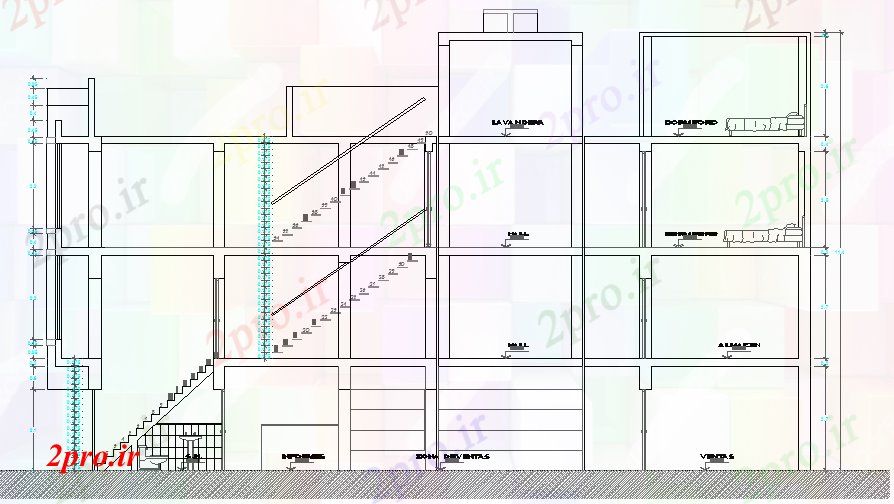 دانلود نقشه مسکونی ، ویلایی ، آپارتمان طرحی نمای از چند طبقه خانه 4 در 19 متر (کد62757)