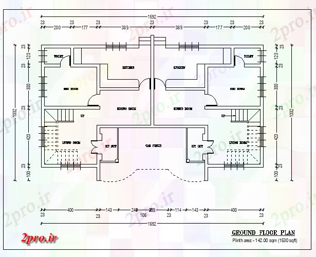 دانلود نقشه اتاق خواب کودکان طرحی طبقه از یک خانه دوقلو 23 در 43 متر (کد62781)
