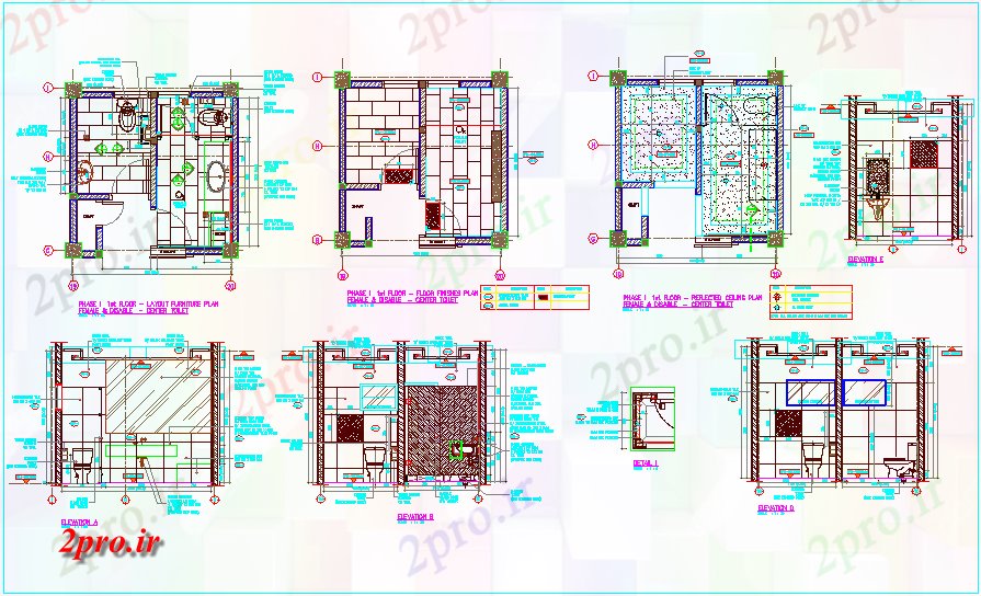 دانلود نقشه تجهیزات بهداشتی طرحی  جزئیات بهداشتی کردن توالت برای ساختمان اصلی (کد62865)