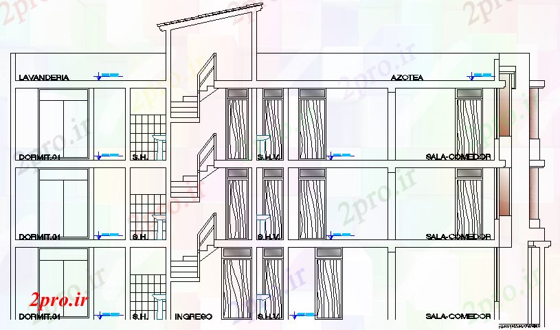 دانلود نقشه مسکونی ، ویلایی ، آپارتمان نما از جزئیات طرحی از چند خانواده مسکن پروژه های 7 در 18 متر (کد62992)