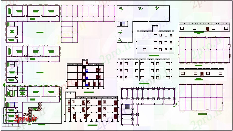 دانلود نقشه دانشگاه ، آموزشکده ، مدرسه ، هنرستان ، خوابگاه - مدرسه ساختمان طرحی با نما و مقطعی 17 در 24 متر (کد63017)