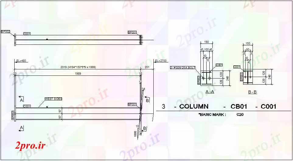 دانلود نقشه ستون ستون نمای نصب با جزئیات ستون برای طراحی سازه (کد63062)
