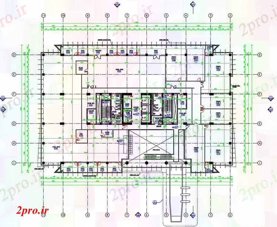 دانلود نقشه ساختمان اداری - تجاری - صنعتی پلان طرحی ساختمان 32 در 58 متر (کد63103)