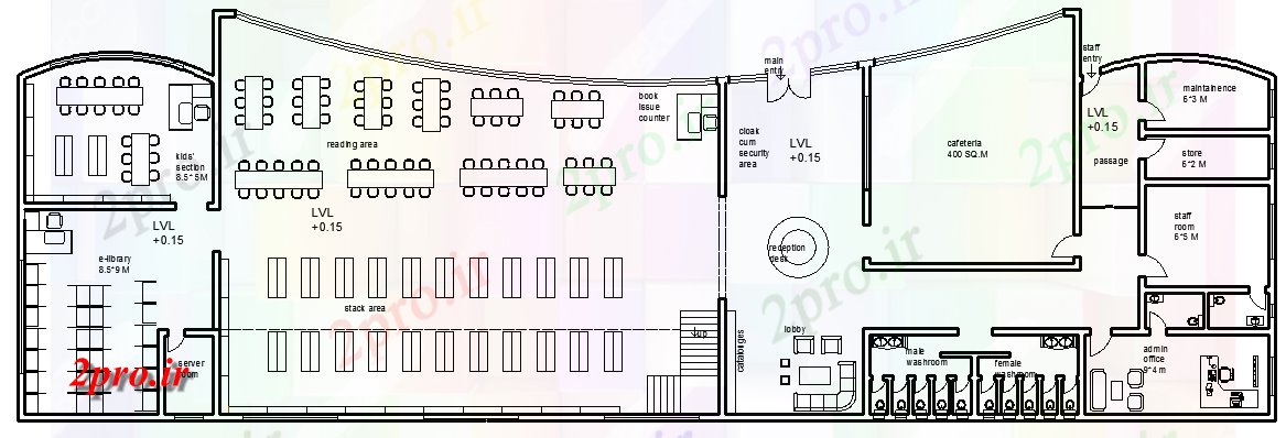 دانلود نقشه ساختمان دولتی ، سازمانی آخرین طراحی معماری کتابخانه نمای 38 در 116 متر (کد63104)