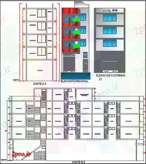 دانلود نقشه هتل - رستوران - اقامتگاه پروژه هتل نما 5 در 28 متر (کد63161)