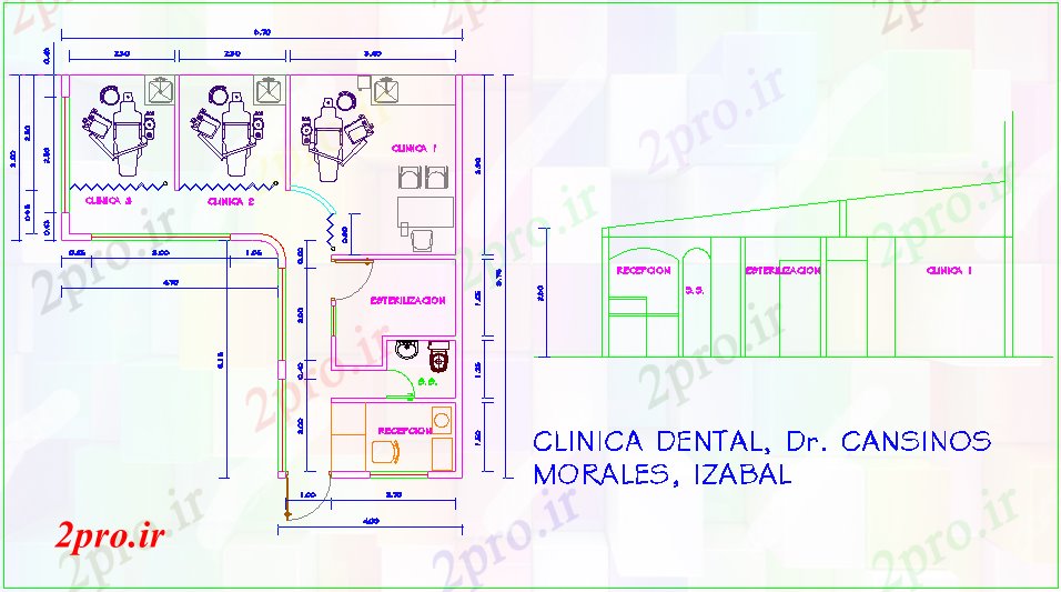 دانلود نقشه کلینیک  طرحی کلینیک  دندانپزشکی و نمای جانبی با ابعاد (کد63164)
