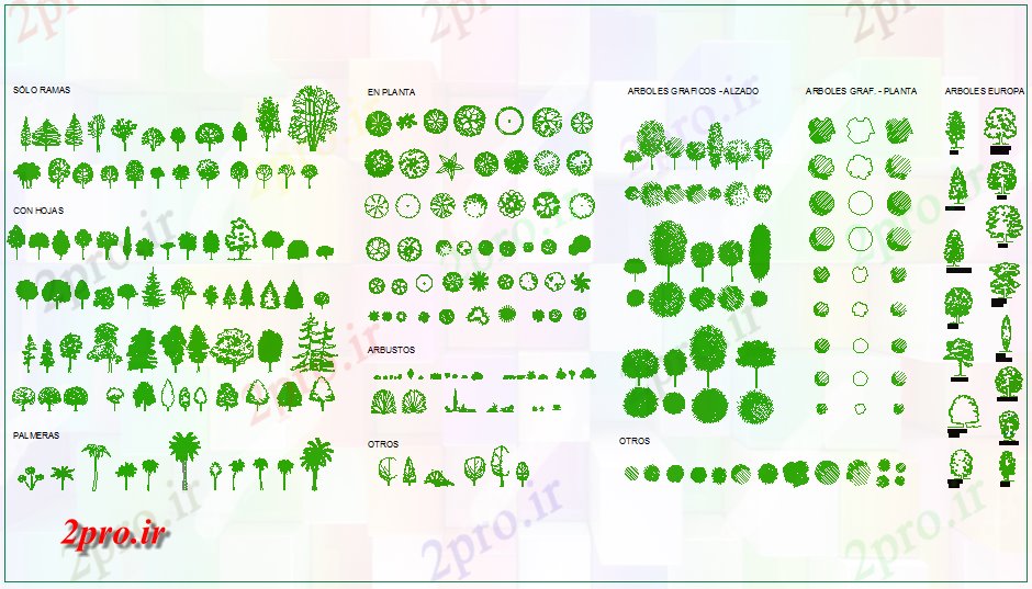 دانلود نقشه بلوک ، آرام ، نماد  درختی با انواع مختلف بلوک با درخت اروپایی    (کد63167)