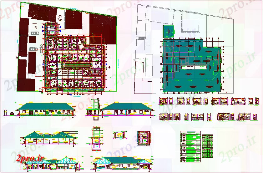 دانلود نقشه بیمارستان - درمانگاه - کلینیک طرحی بیمارستان، نما و دیدگاه مقطعی با جزئیات 30 در 36 متر (کد63170)