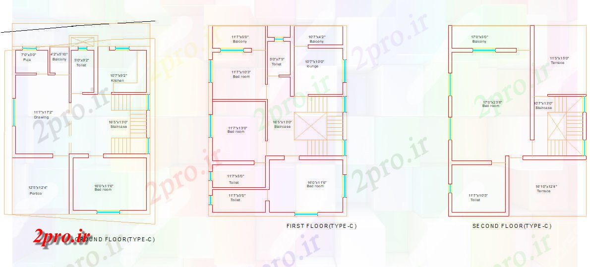 دانلود نقشه مسکونی ، ویلایی ، آپارتمان سه لایه Type_C 9 در 12 متر (کد63180)