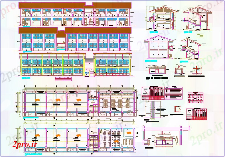 دانلود نقشه دانشگاه ، آموزشکده ، مدرسه ، هنرستان ، خوابگاه - اتاق کلاس با کامپیوتر و برنامه کتابخانه و نما با سرامیک و رنگ جزئیات 8 در 40 متر (کد63198)