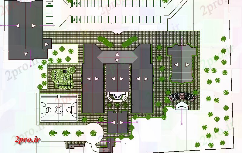 دانلود نقشه دانشگاه ، آموزشکده ، مدرسه ، هنرستان ، خوابگاه - بالا از باغ طراحی دانشکده نمای 55 در 76 متر (کد63352)