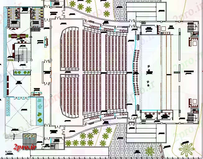 دانلود نقشه تئاتر چند منظوره - سینما - سالن کنفرانس - سالن همایشچندگانه تئاتر طراحی معماری و جزئیات ساختار 46 در 60 متر (کد63378)