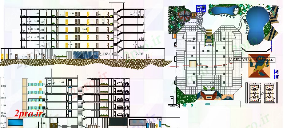 دانلود نقشه هتل - رستوران - اقامتگاه هتل پنج ستاره پروژه نمای طرحی 29 در 30 متر (کد63417)