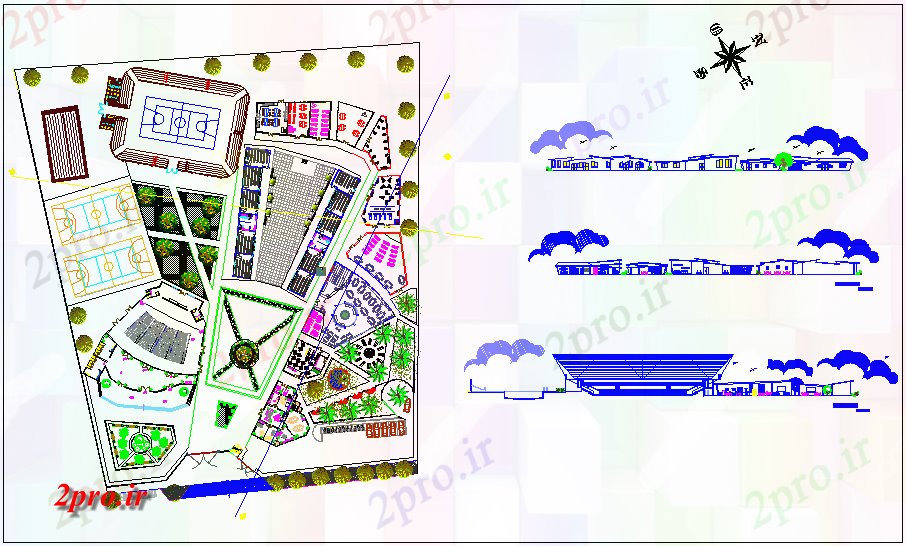 دانلود نقشه دانشگاه ، آموزشکده ، مدرسه ، هنرستان ، خوابگاه - چشم انداز از دبیرستان با نمای نما 106 در 142 متر (کد63419)